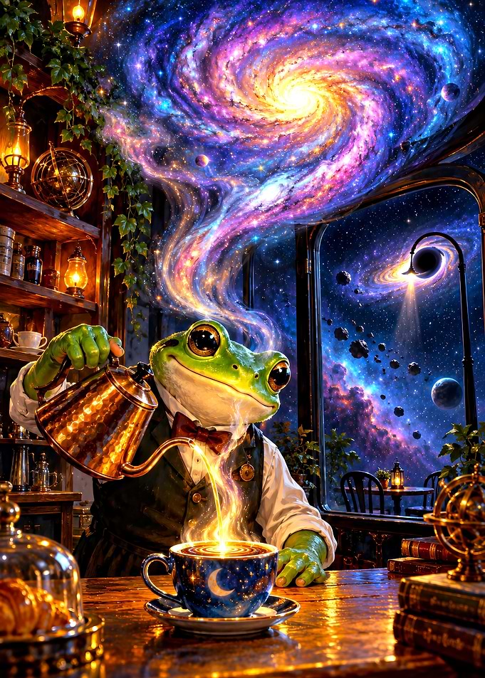 Cosmic Frog Barista Pouring Magic Coffee