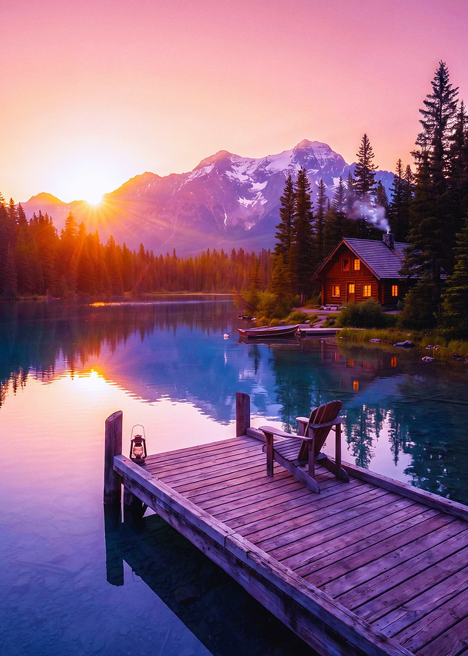 Serene Lakeside Cabin at Sunset