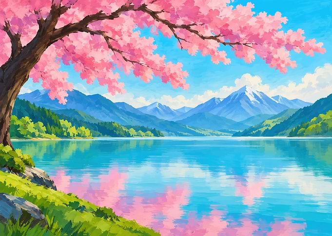 Cherry Blossom Lake Landscape