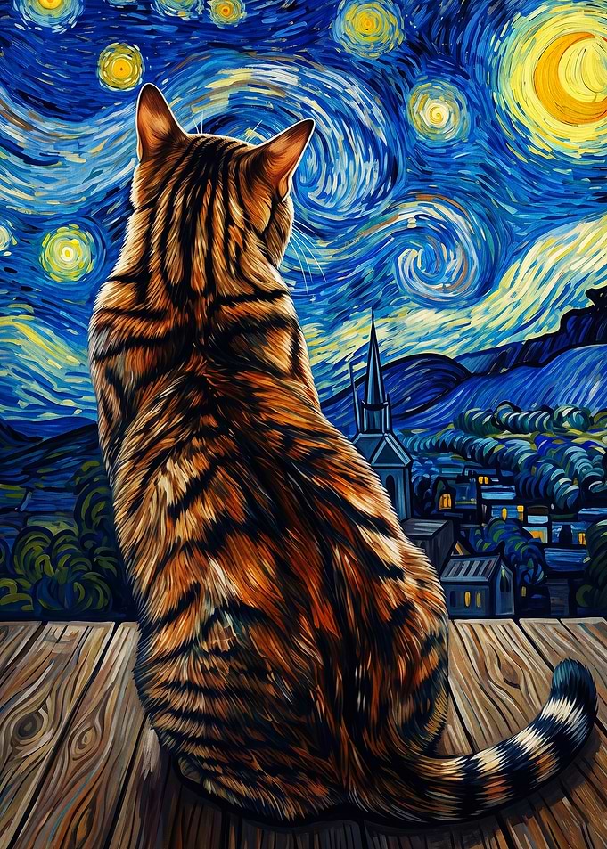Cat Starry Night Oil Painting Art