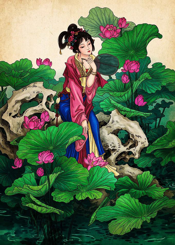 Elegant Woman Amidst Lotus Flowers