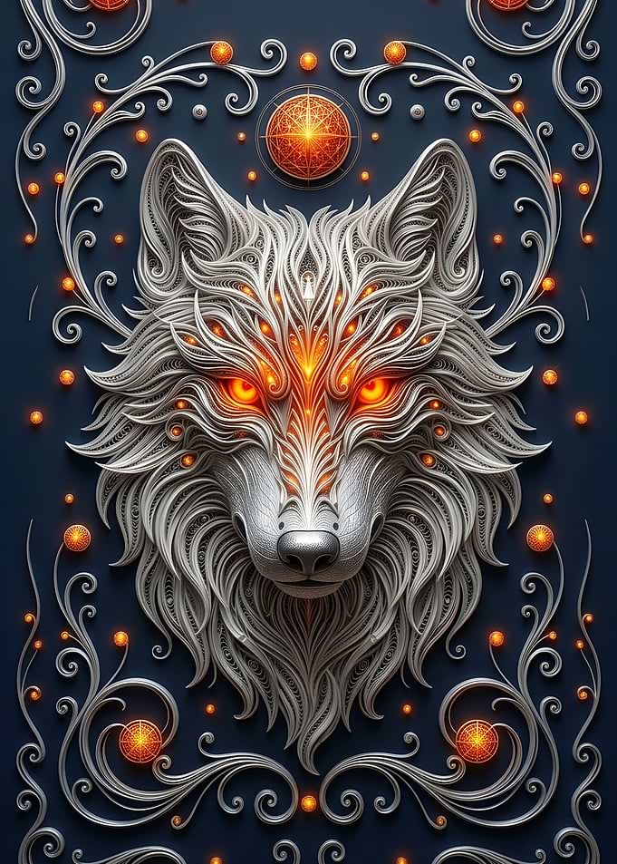 Ornate Silver Wolf with Glowing Eyes