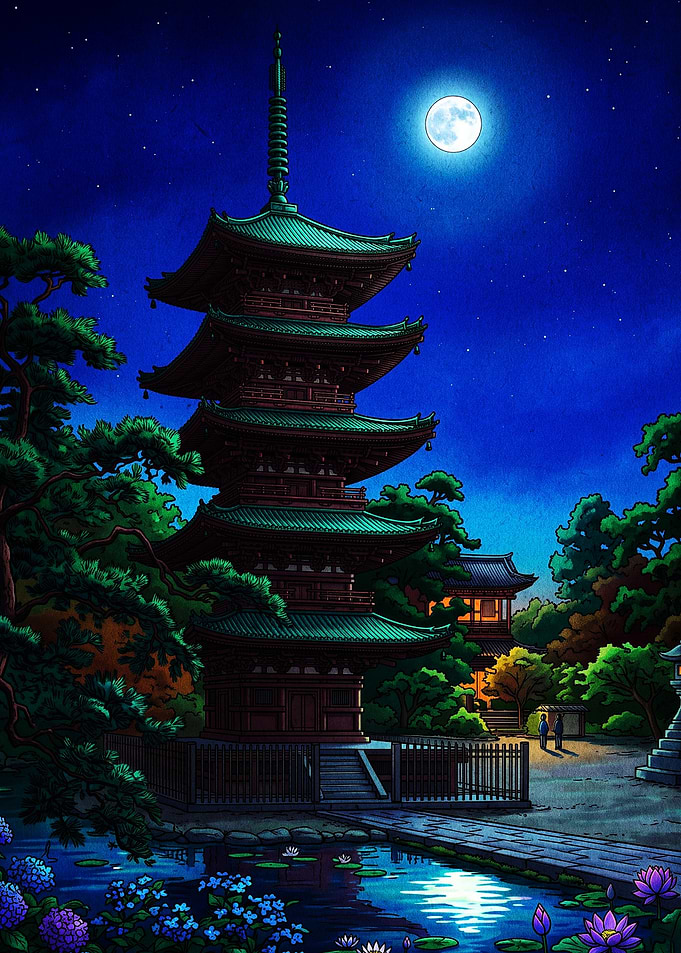 Traditional Japanese Pagoda Under Moonlight