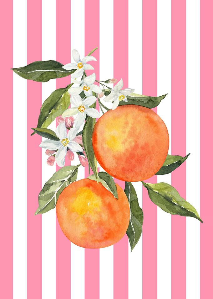 Watercolor Oranges and Blossoms on Stripes