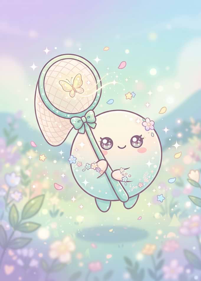 Cute Kawaii Character Catching a Butterfly