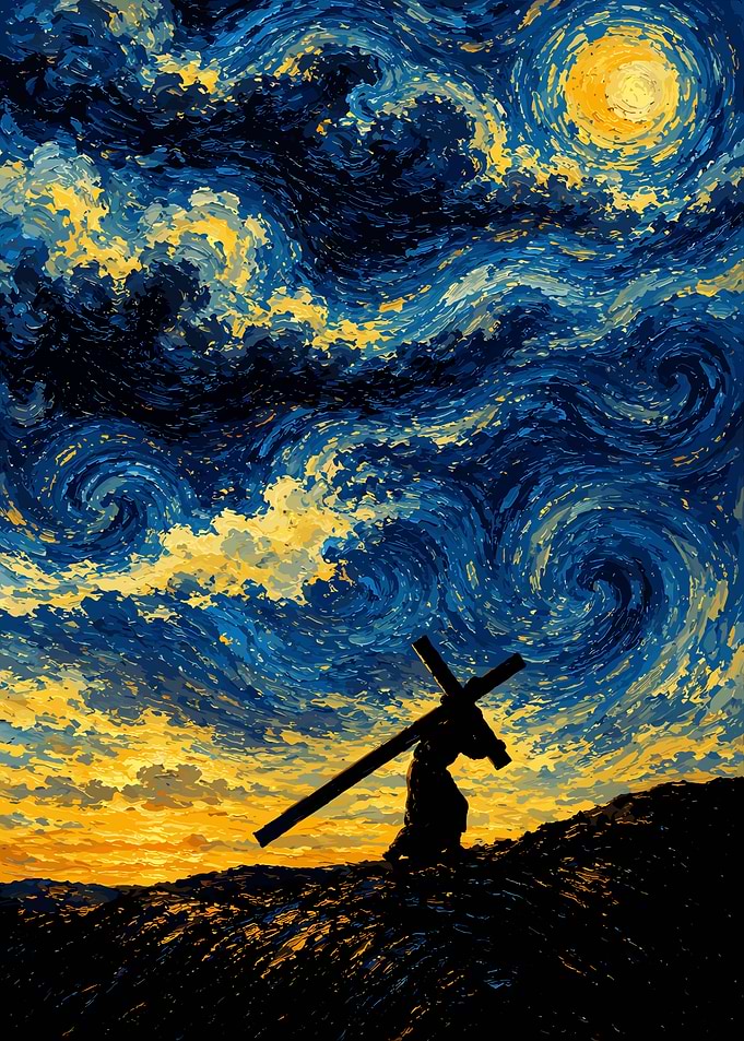 Jesus Carrying Cross Starry Night Style