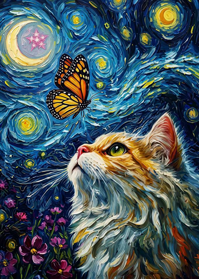 Cat Butterfly Night Sky Oil Art