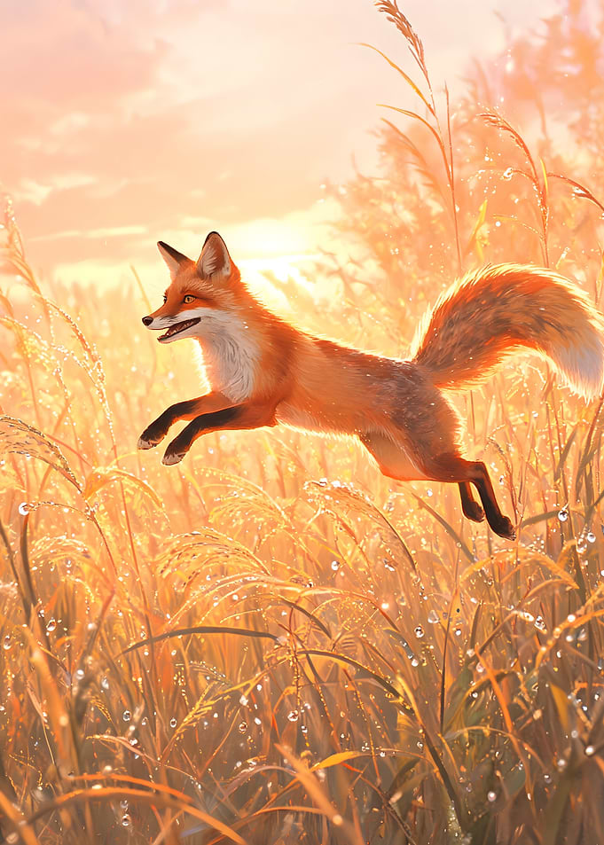 Fox leaping through golden grass