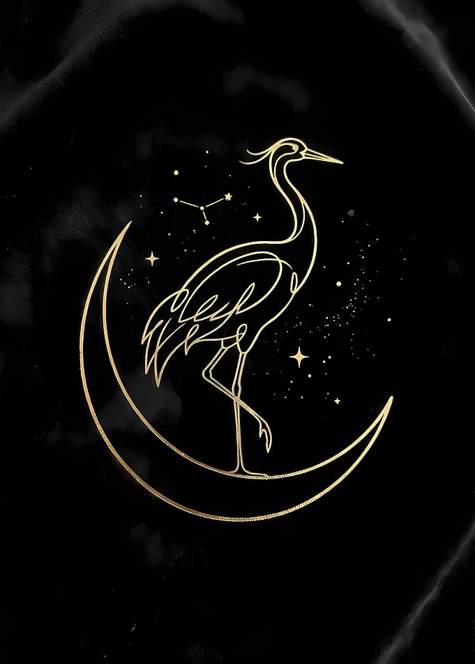 Golden Crane on Crescent Moon
