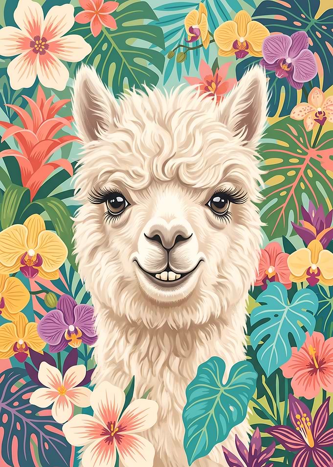 Smiling Alpaca in Tropical Floral Jungle