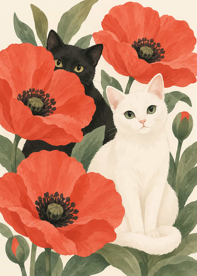 Black and White Cats with Poppies