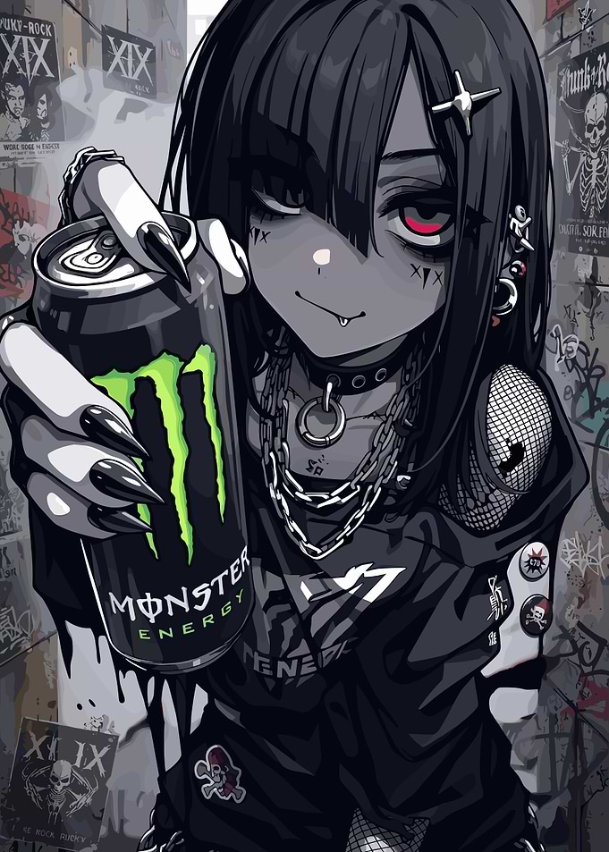 Goth Anime Girl Holding Monster Energy