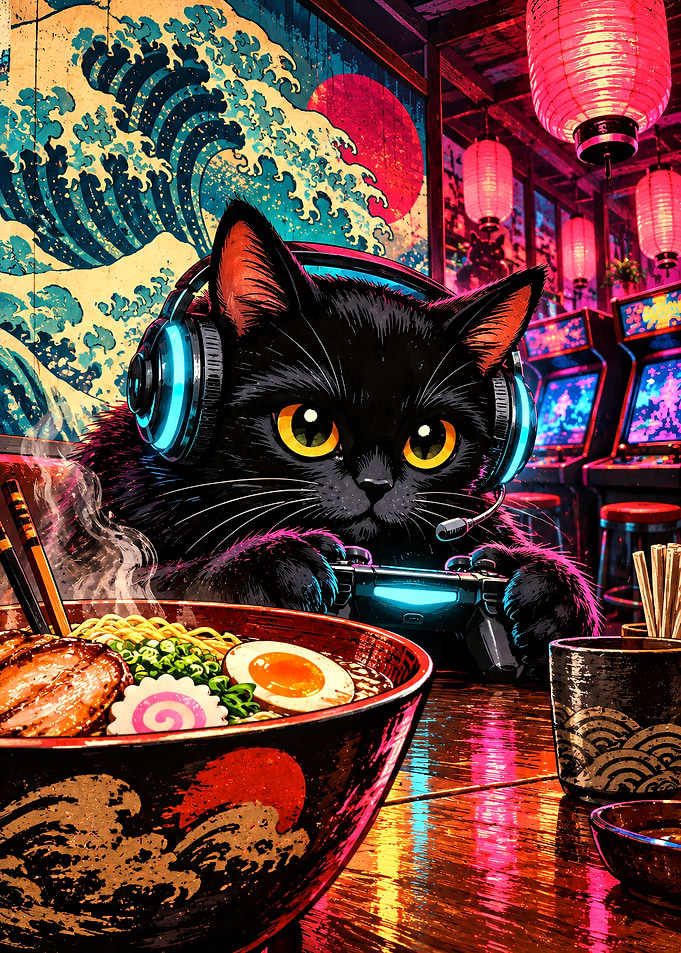 Gamer Black Cat Eating Ramen