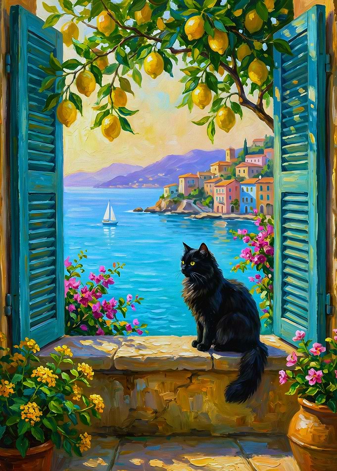 Black Cat Looking at Mediterranean Coast