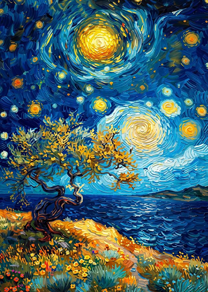 Starry Night Tree Ocean Art Poster