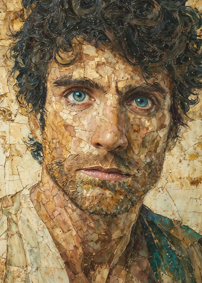 Blue Eyed Man in Cracked Mosaic Portrait