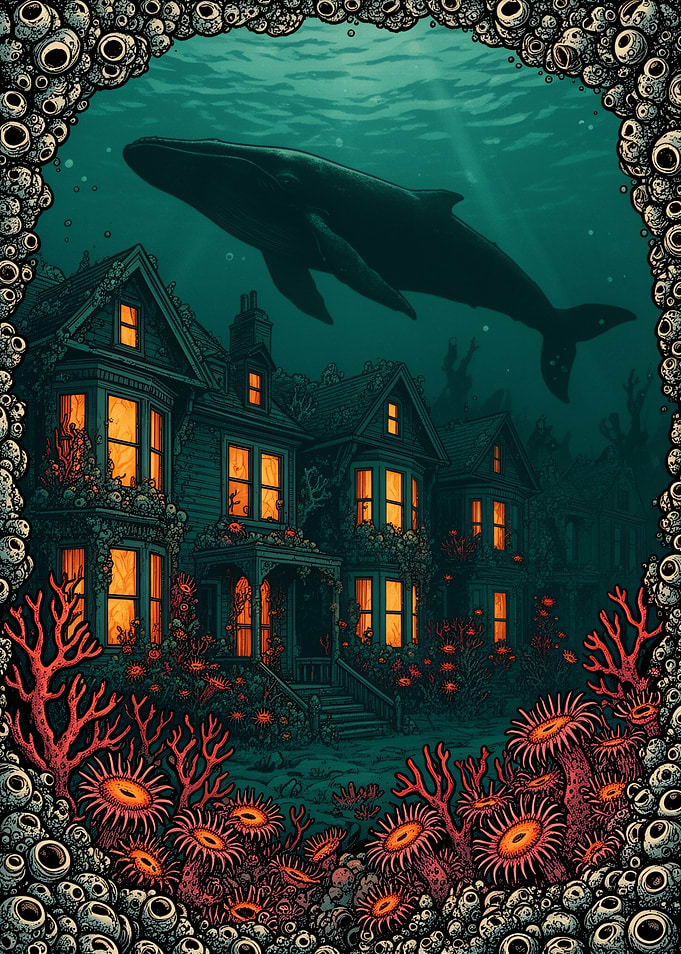 Submerged Victorian House with Whale