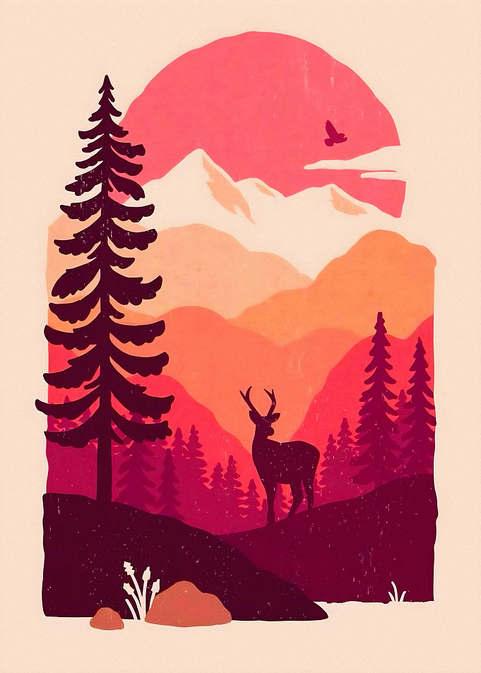 Minimalist Deer in Mountain Forest