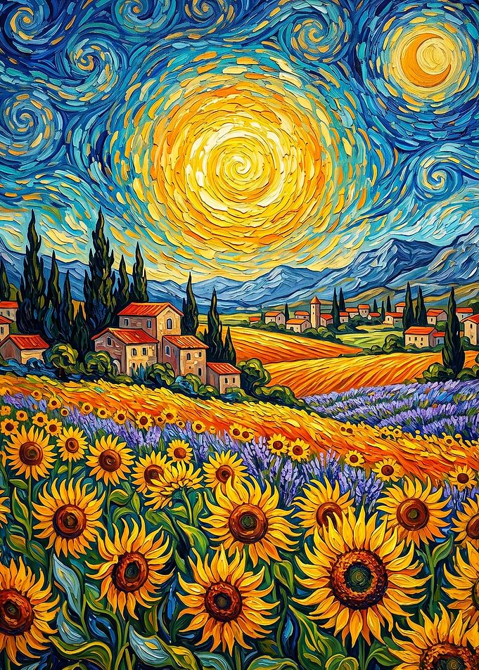 Sunflowers Night Sky Impasto Art