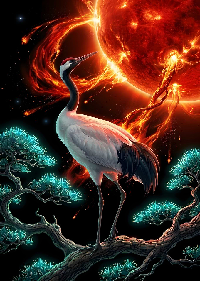 Red-Crowned Crane Before Fiery Sun