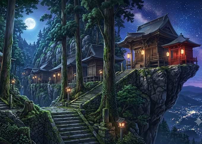 Nighttime Japanese Temple on Cliff