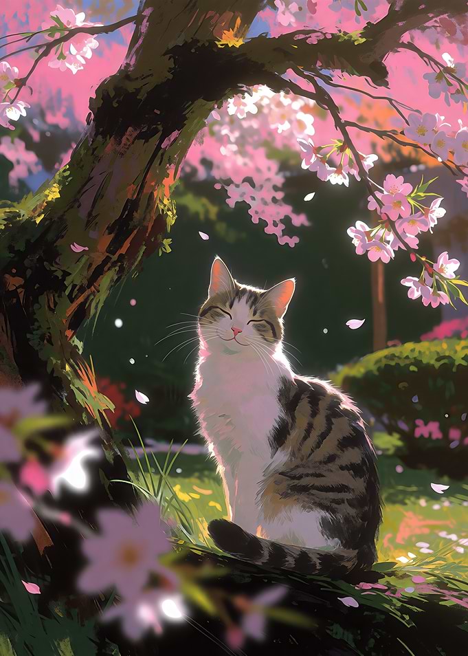 Contented Cat Under Cherry Blossoms