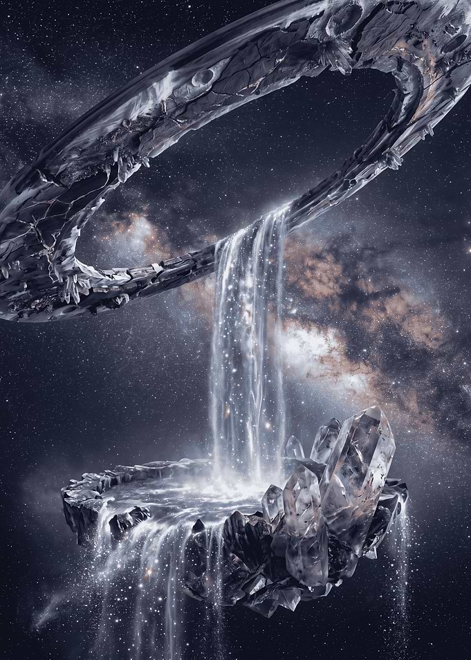 Cosmic Waterfall and Floating Crystal Island