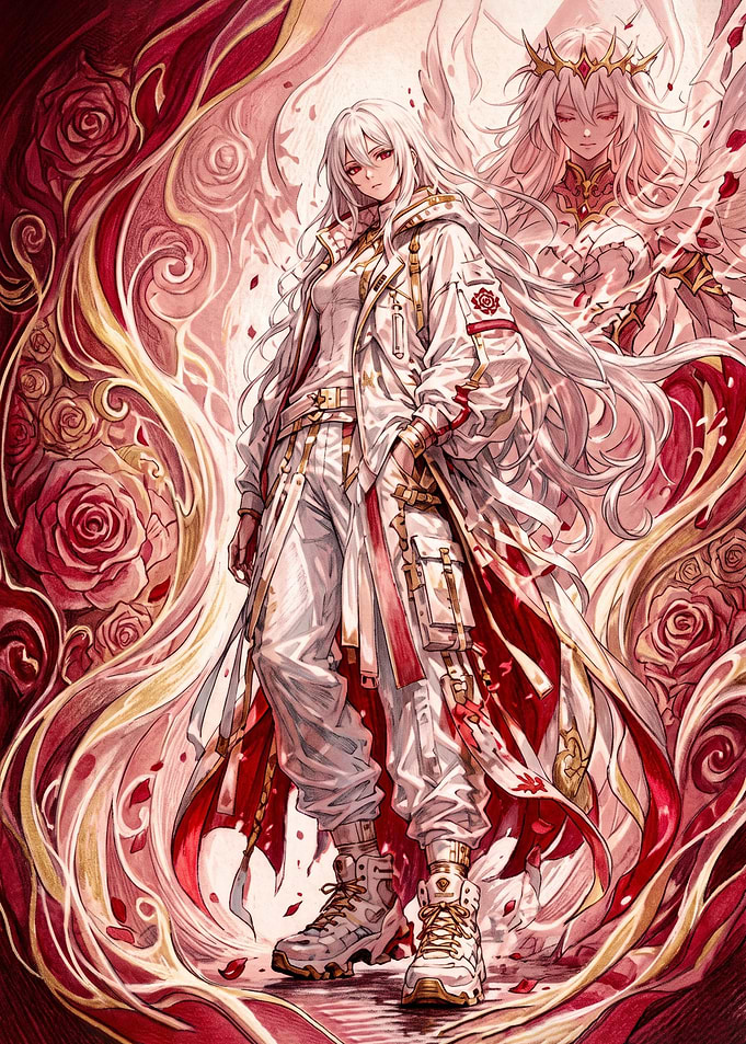 White-Haired Warrior with Rose Aura