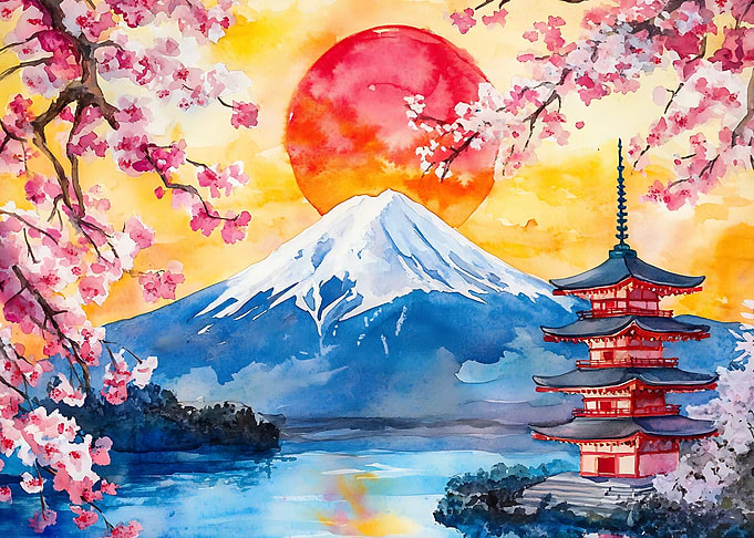 Mount Fuji and Pagoda Watercolor Painting