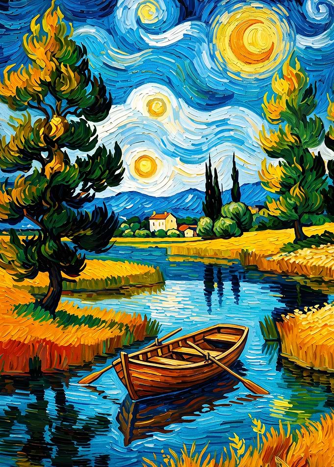 Starry River Boat Oil Painting