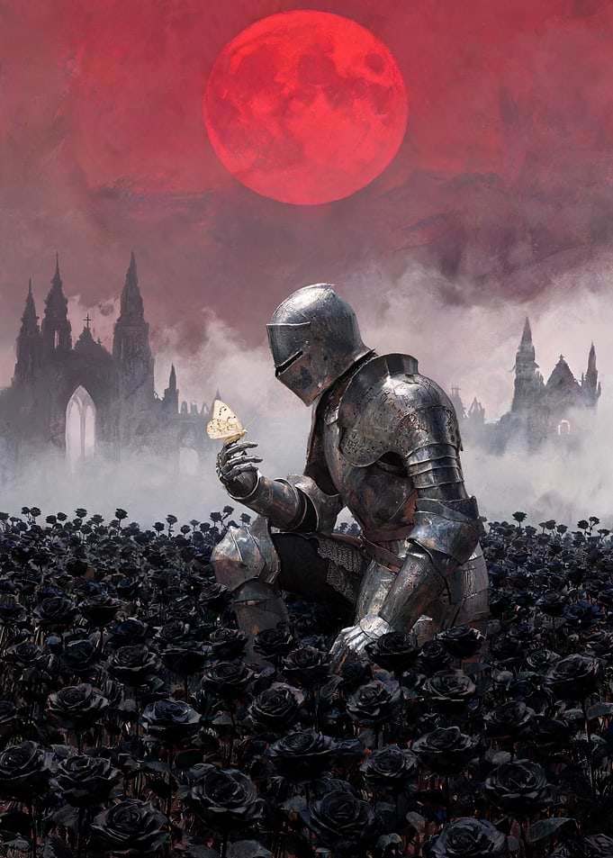 Knight Kneeling in Black Rose Field