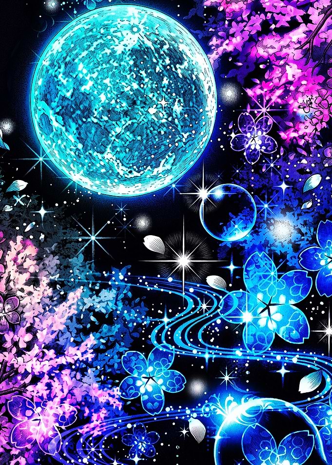 Neon Cherry Blossoms Under Blue Moon