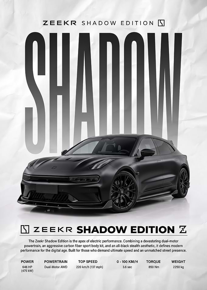 black sleek Zeekr Shadow Edition Performance Car Poster