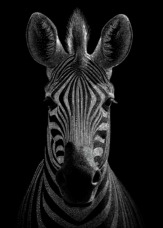 Detailed Monochrome Zebra Portrait In Stipple Dotwork