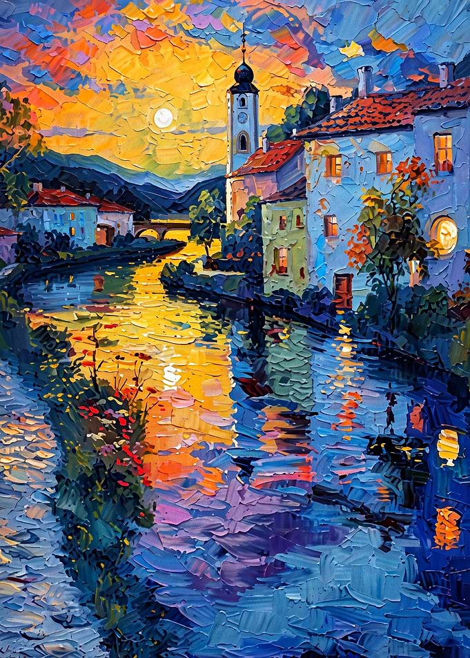 European Town River Sunset Art