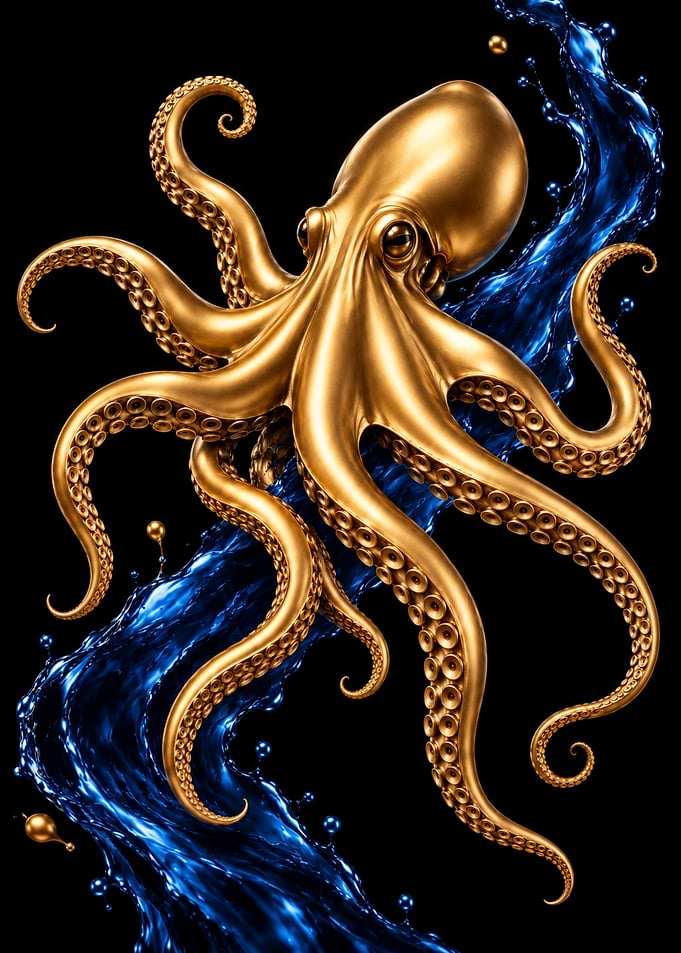 Golden Octopus Blue Ocean Splash