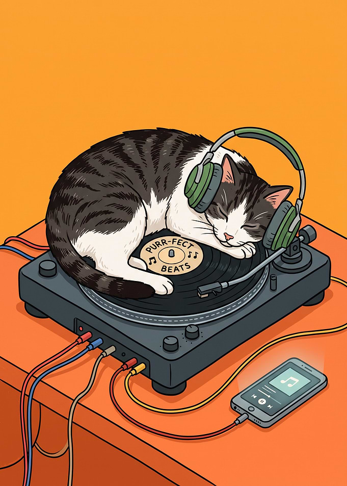 Cat Sleeping on Vinyl Turntable Music
