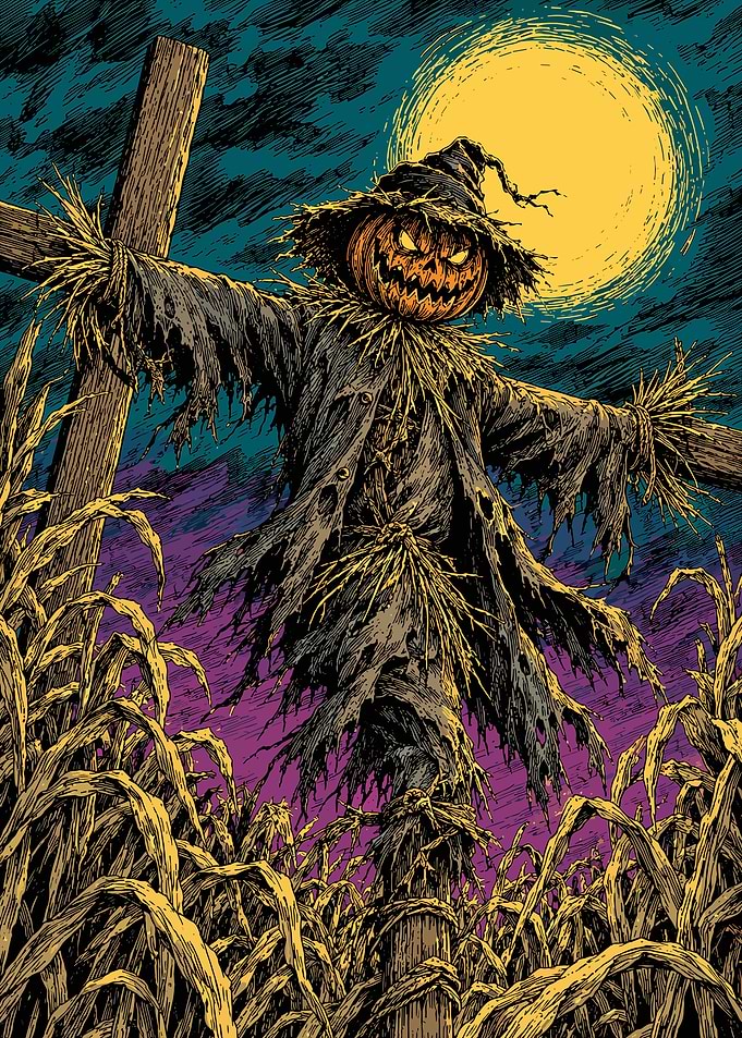 Spooky Scarecrow in Cornfield at Night