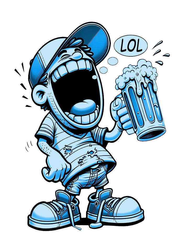 Cartoon character laughing with beer mug LOL