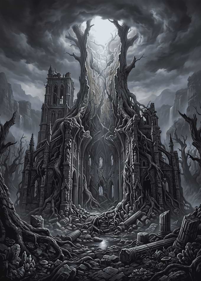 Ruined Gothic Cathedral Overgrown by Trees