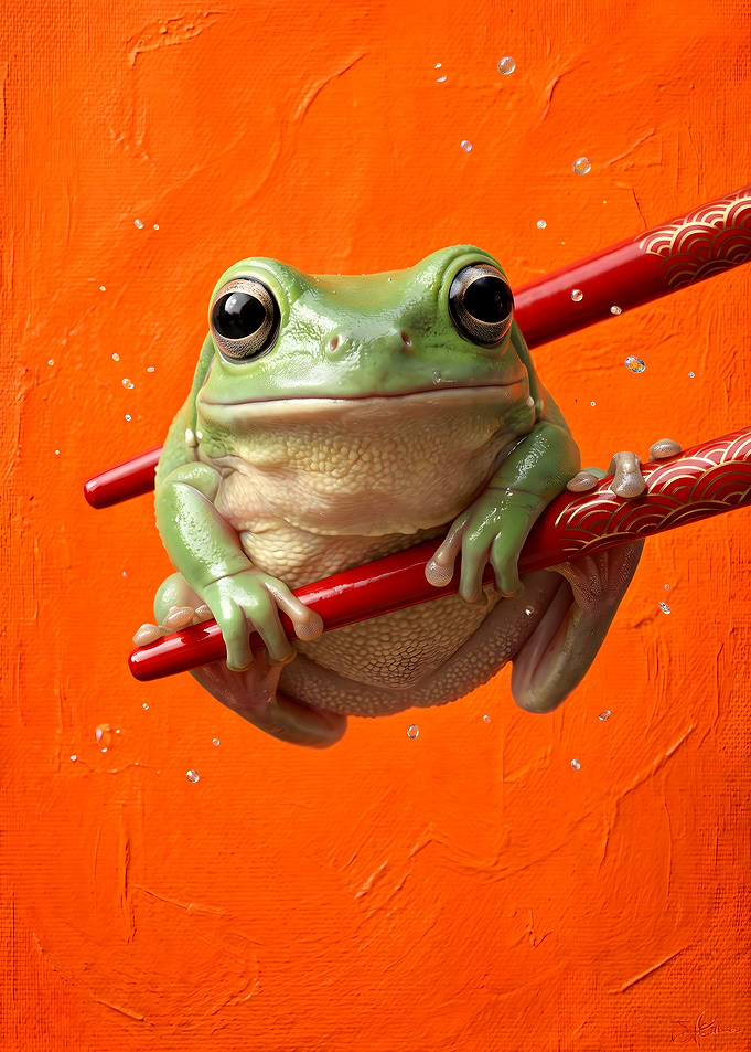 Cute Frog Holding Red Chopsticks