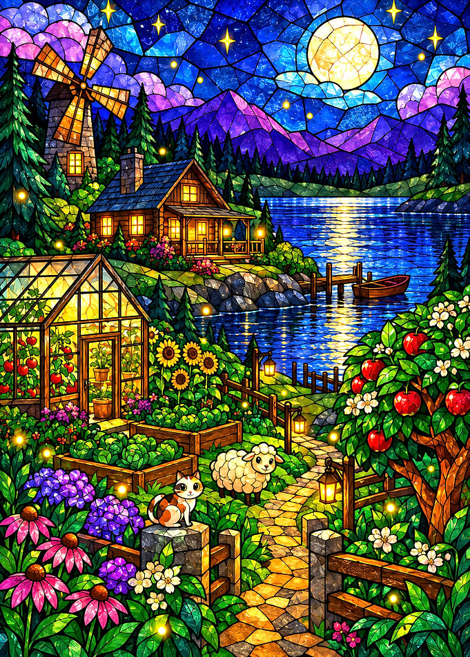Stardew Valley Stained Glass Countryside Garden Scene