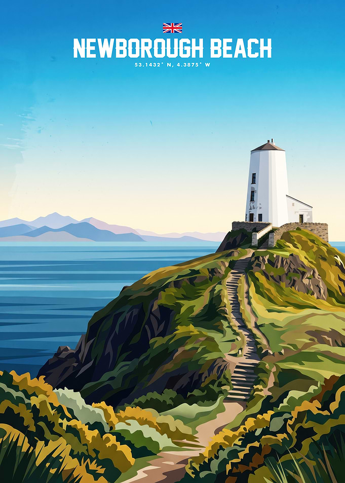 Newborough Beach Lighthouse Travel Poster