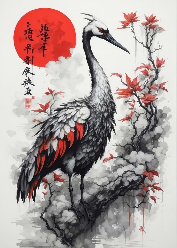 Japanese Crane with Red Sun
