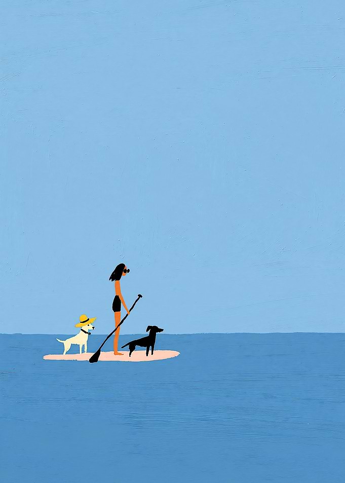 Woman Paddleboarding with Two Dogs