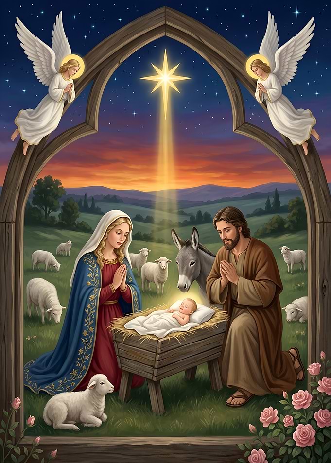 Jesus born Christmas with Angels and Sheeps