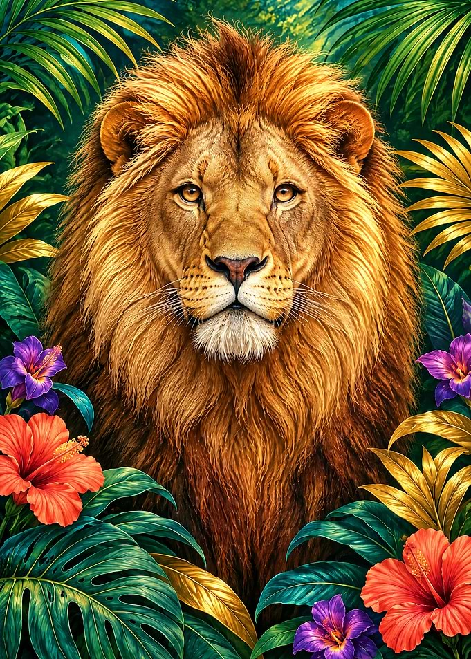 Majestic Lion in Tropical Jungle