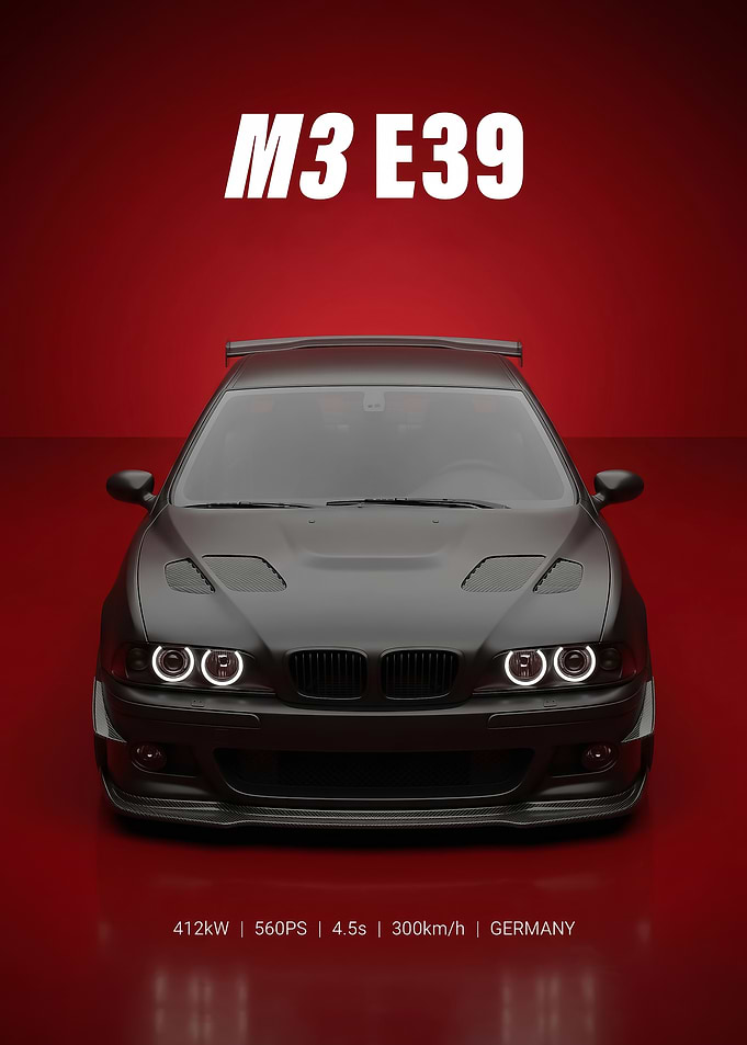 red background Matte Black E39 sleek car Poster