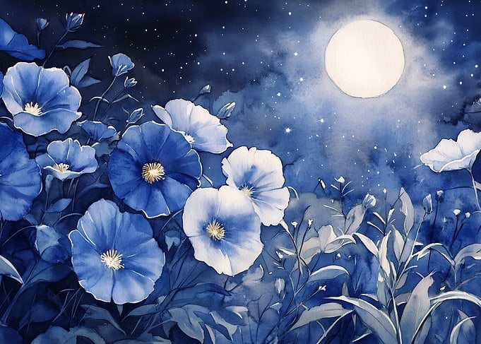Blue Flowers Under Moonlight