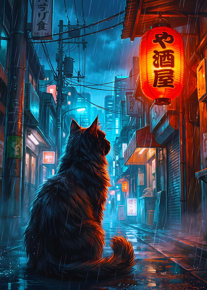 Black Cat in Rainy Japanese Alley